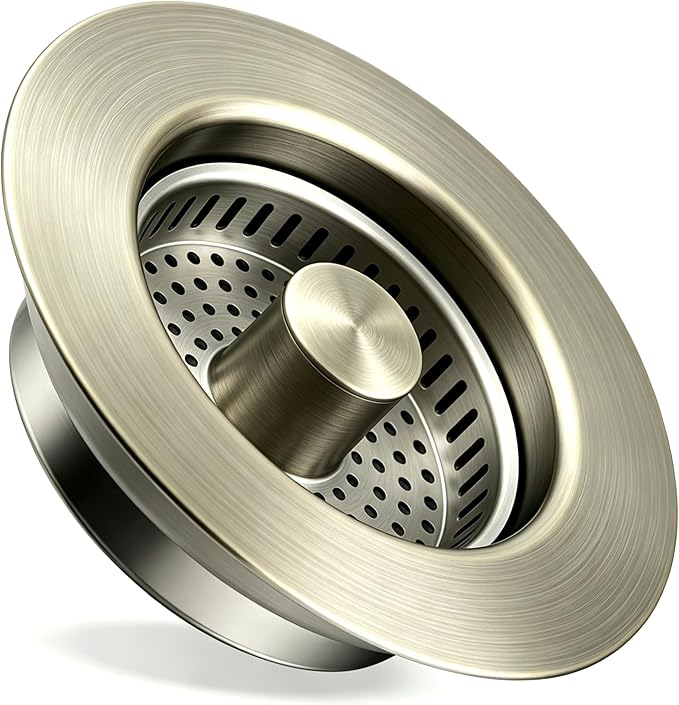 Kitchen Sink Drain Strainer 3 in 1, 304 Stainless Steel Pop Up Sink Stopper, Anti-Clogging Sink Drain Strainer for US Standard Kitchen Drain (Light Bronze)