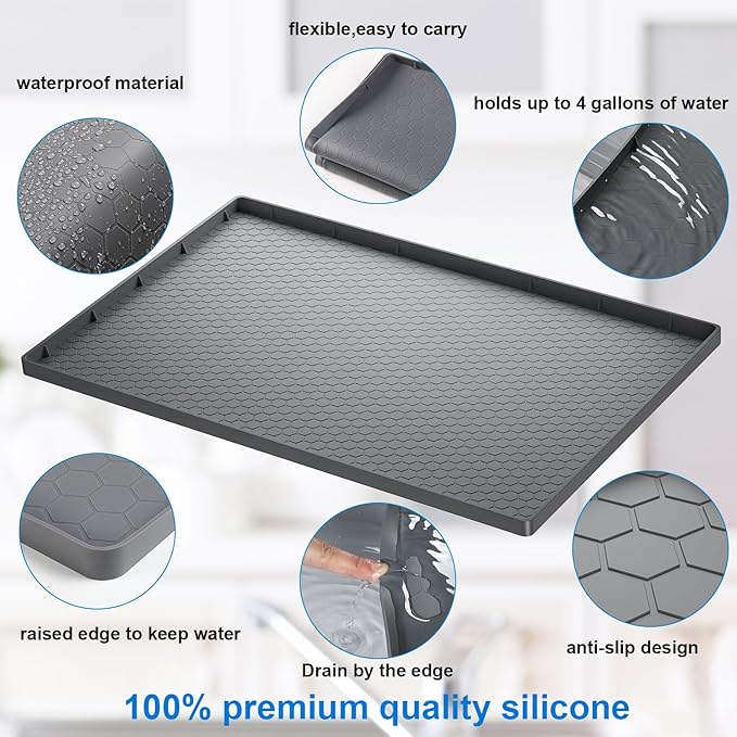 Under Sink Mat - 37" x 22" Waterproof Kitchen Cabinet Mat - Flexible Silicone Under Sink Liner - Kitchen Bathroom Cabinet Mat and Protector for Drips Leaks Spills (Gray)