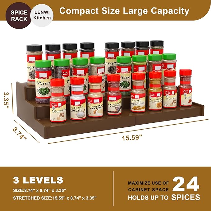 Lenwi Spice Rack Organizer for Cabinet, 3 Tier Expandable Bamboo Spice Storage for Kitchen Cupboard Pantry, Brown