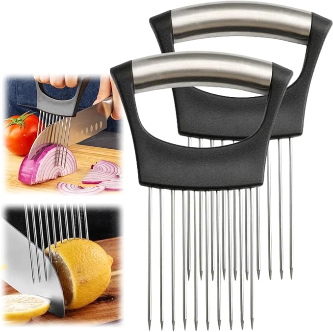 Upgrade Onion Holder for Slicing, Stainless Steel Lemon Slicer Onion Cutter for Slicing, Vegetable Cutter for Potato and Tomato, Avocados, Eggs, Meat, Kitchen Chopper Slicings Tool (Black, 2PCS)