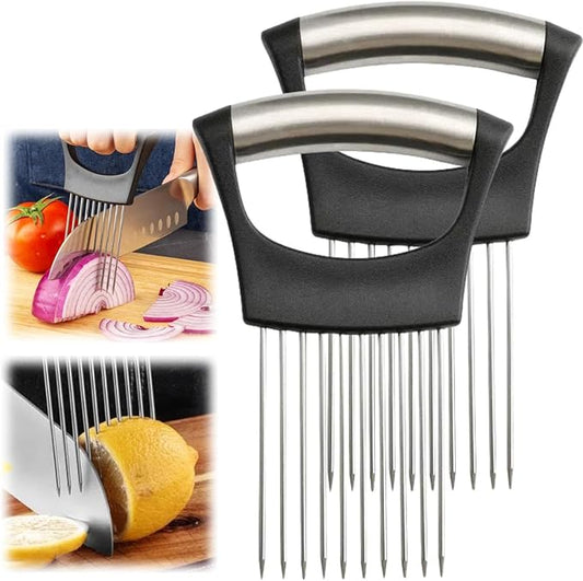 Upgrade Onion Holder for Slicing, Stainless Steel Lemon Slicer Onion Cutter for Slicing, Vegetable Cutter for Potato and Tomato, Avocados, Eggs, Meat, Kitchen Chopper Slicings Tool (Black, 2PCS)