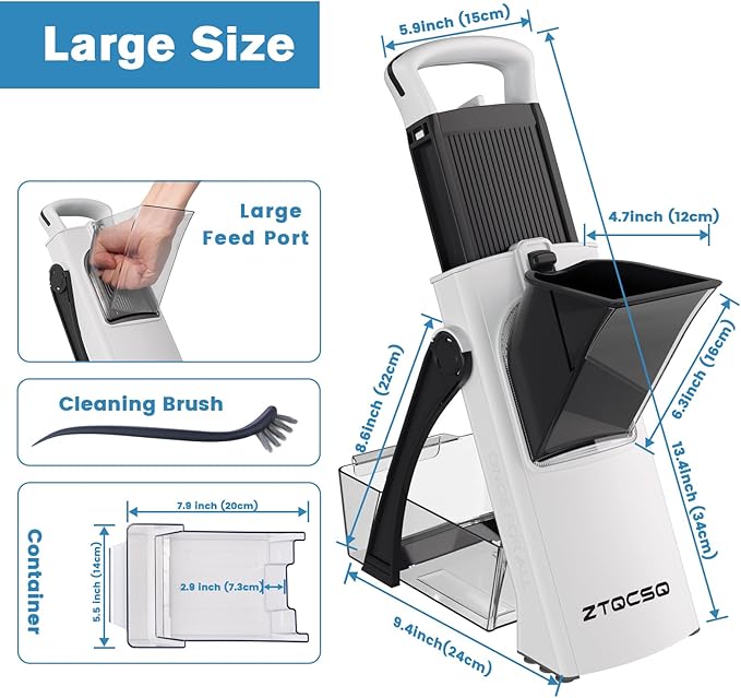 [All in 1] Upgraded Version Safe Mandoline Slicer for Kitchen, Adjustable Thickness. Veggie Slicer, Rapid Prep Mandoline, Detachable Blade, Cleaning Brush (WhiteBlack)