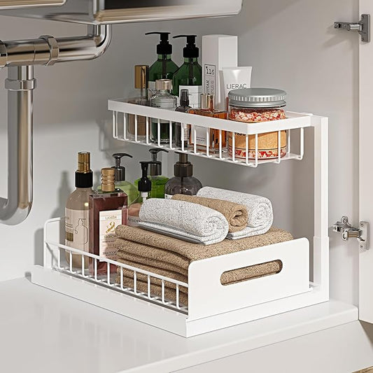 REALINN Under Sink Organizer, Pull Out Cabinet Organizer 2 Tier Slide Out Sink Shelf Cabinet Storage Shelves, Under Sink Storage for Kitchen Bathroom Cabinet, White, 1 Pack