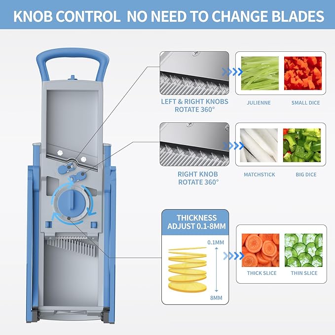 QYKIC Upgrade Safe Mandoline Slicer for Kitchen, Vegetable Chopper and Slicer, Potato Slicer Thickness Adjuster, French Fry Cutter, Veggie Onion Dicer Faster Kitchen Mandolin for Meal Prep (Blue)