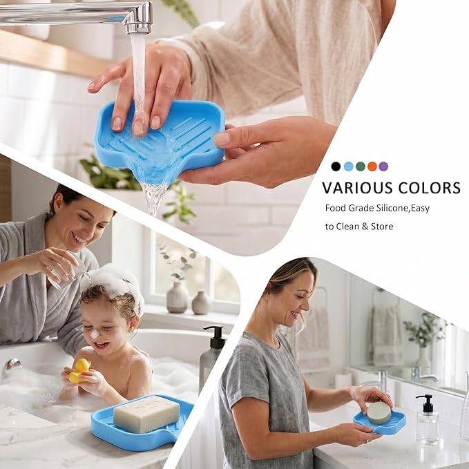 MicoYang Silicone Soap Dish with Drain Spout, Self-Draining Sink Organizer Tray for Bathroom & Kitchen, Sponges, Dispensers & Soap Holder, Non-Slip and Dishwasher Safe, Light Blue (Compact, 4.9"×3.2")