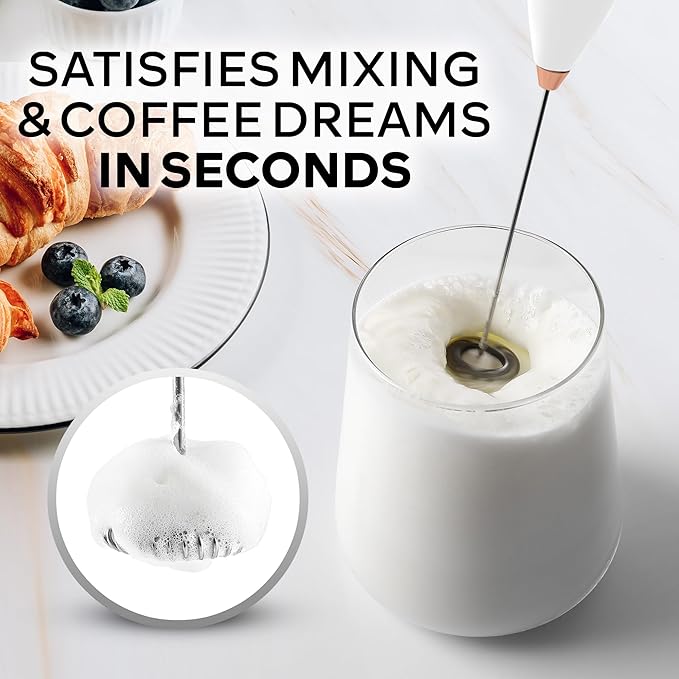 Zulay Kitchen Powerful Milk Frother Wand With Duracell Batteries - Ultra Fast Handheld Drink Mixer - Electric Whisk Foam Maker for Coffee, Lattes, Cappuccino & Matcha - Z1 Motor - White & Rose Gold
