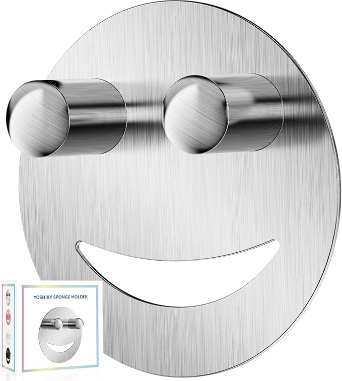 Yoshiky Stainless Steel Smiley Face Dish Sponge Holder, Silver Sink Caddy Organizer Storage with Suction Cup for Kitchen, Kitchen Sink Accessories Decor Scrubber Holder with Gift Box