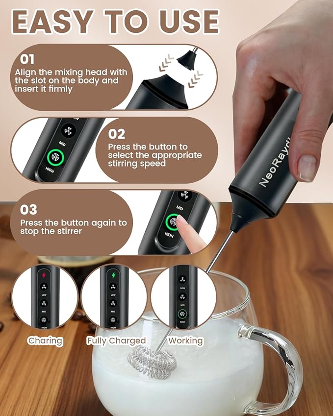 Rechargeable Handheld Milk Frother Wand, 3-Speed Preventing Splashing Electric Drink Mixer with Box, 10-Second Frothing for Coffee, Matcha, Latte, Cappuccino, and Protein Shakes, Black
