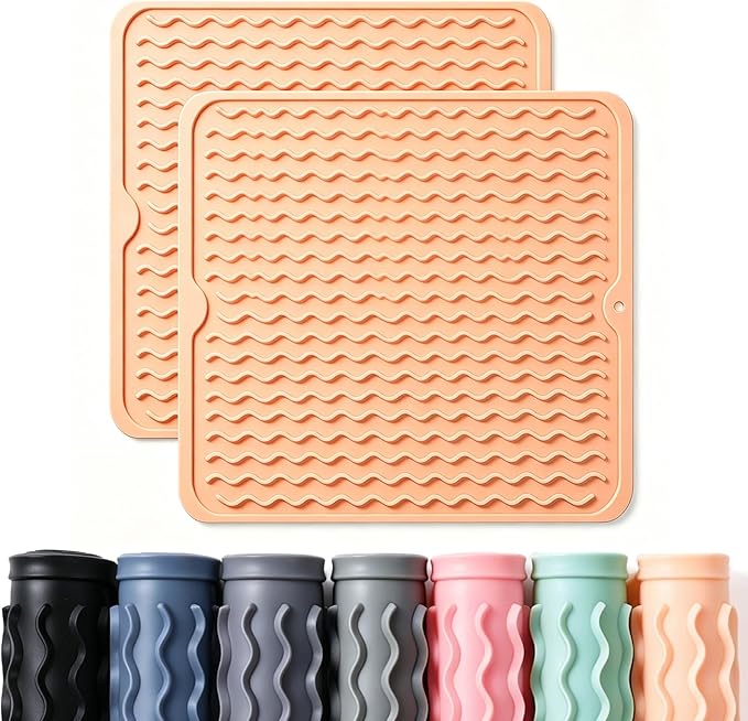 CAKETIME 2 Pack Silicone Dish Drying Mat for Kitchen Counter Waterproof Place mats Sink Protector Stove Top Organizer Cooking Appliance Storage Vanity Trays Dryer Rack Drainers Items 12"x12" Beige