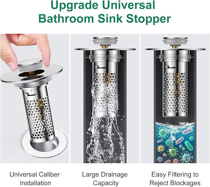 Bathroom Sink Drain Strainer,Pop-Up Sink Stopper Hair Catcher, Anti-Clog Stainless Steel Drain Filter Basket, Removable Sink Drain for Bathroom Sink Stopper Replacement (Silver-1)