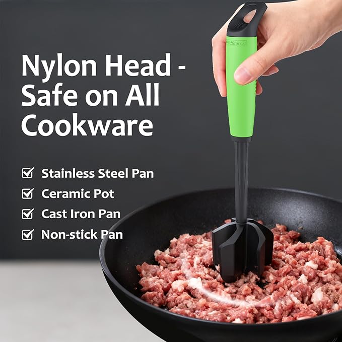 Ourokhome Meat Chopper and Potato Masher, Heat Resistant Nylon Ground Beef Smasher for Hamburger, 5 Curved Blades Nonstick Safe Mixer & Stirrer, Practical Kitchen Gadgets, Green
