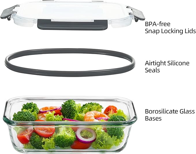 Glass Food Storage Containers 10 Pack - 22Oz Meal Prep Container Set with Lid, Airtight Snap Lock, Microwave Freezer Oven Dishwasher Safe, Lunch Box for Work, Grey