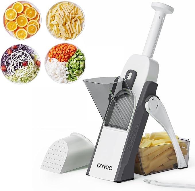 QYKIC Safe Mandoline Slicer,Vegetable Potato Slice Food Cutter for Kitchen,Thickness Adjustable Upright Veggie Chopper for Fast Meal prep (Gray)
