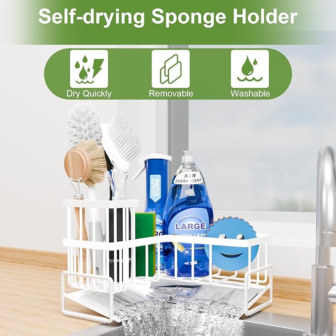 Fikoksol Large Sponge Holder for Kitchen Sink, 90-Degree Sink Caddy Organizer with Dish Brush Holder for Countertop Corner Storage Rack, White Metal L Kitchen Sink Sponge Soap Organizer Storage Ideas
