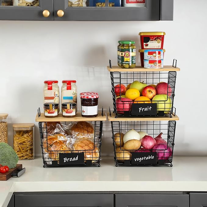 2 Set Large Stackable Wire Basket with Bamboo Tops & Tag- Pantry Organizer