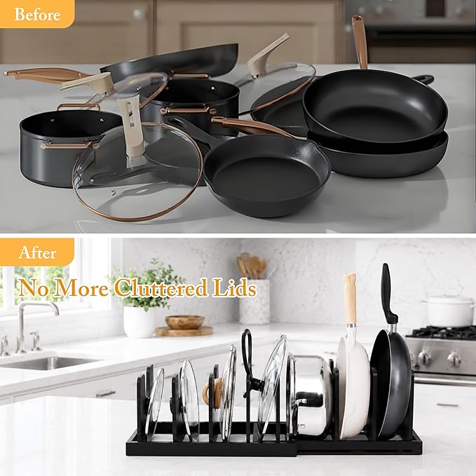 MinBoo Bamboo Expandable Pot Lid Organizer, Pot and Pan Organizer Drawer Organizer for Pot Lids, Adjustable 10 U-Shaped Dividers for Kitchen Cabinet Organizers and Storage,Black