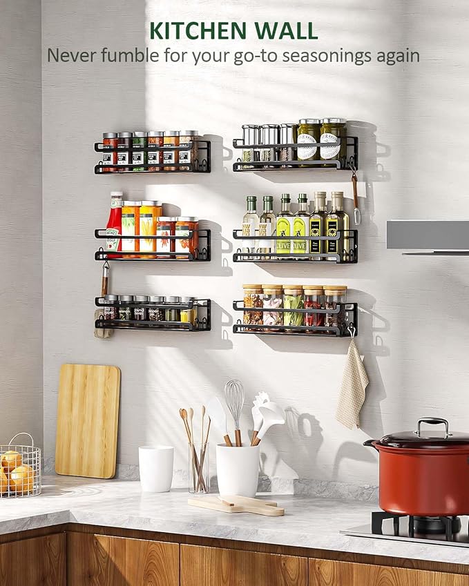 Doakhirmit Wall Mounted Spice Rack with 16 Hooks, Rustic Wood Spice Organizer Shelf for Stove Cabinet Pantry Door,Screw or Adhesive Hanging Spice Shelf,Wall Spice Rack in Kitchen and RV,6 Pack