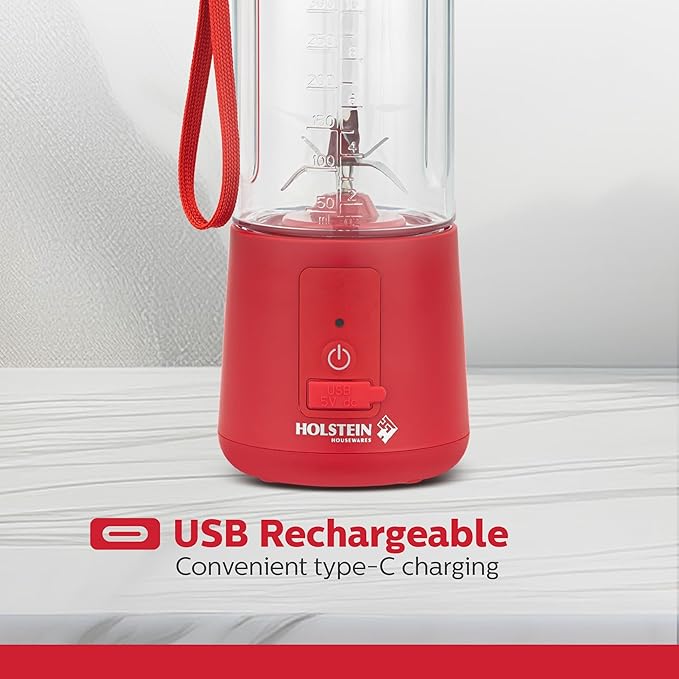 Holstein Housewares - USB Portable Blender, 16oz Personal Smoothie & Shake Maker with Rechargeable Battery, Type-C Fast Charging, Spill-Free Lid & Indicator Light - Red