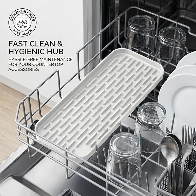 Silicone Organizer Tray, Soap and Sponge Holder for Kitchen Sink, Bathroom - Storage Tray for Dish Brush, Soap Dispenser, Dishwashing Accessories-(White 1 Pack, 12"x4.7")