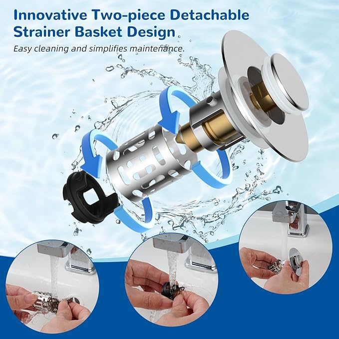 Hibbent 3 Pack Upgraded 3 in 1 Bathroom Sink Drain Strainer, Universal Pop Up Stopper with Removable Stainless Steel Filter Basket Hair Catcher, Sink Plug for 1.1''~2.36'' Basin, Brass Core, Chrome