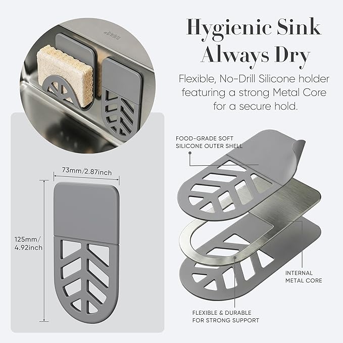 Flexible Sponge Holder for Kitchen Sink Adhesive - Bendable Silicone Sink Caddy 2 Pack, Metal Core Dish Scrubber Rack, Fold-Flat Organizer for Soap Brush Razor, Stone Wall Mount (Gray)