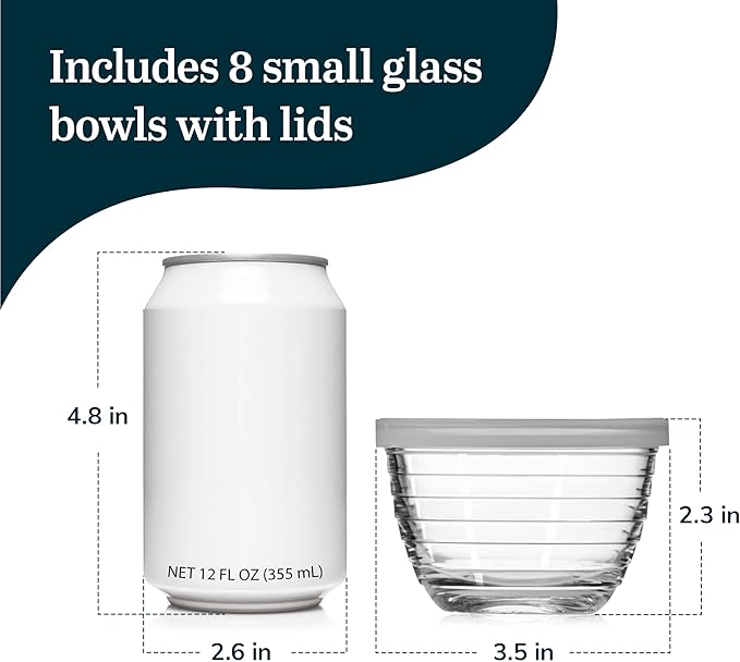 Libbey Small Glass Bowls, Glass Containers with Lids Set of 8 to Keep Leftovers Fresh, Meal Prepping and More, Dishwasher Safe Small Bowls for Dips