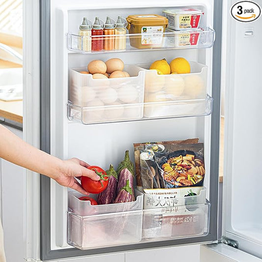 3 Pack Refrigerator Organizer Box, Plastic Refrigerator Side Door Storage Containers, Space-Saving Organizer Bins for Refrige, Refrige Drawers for Fruit and Vegetable (Clear, L×3)