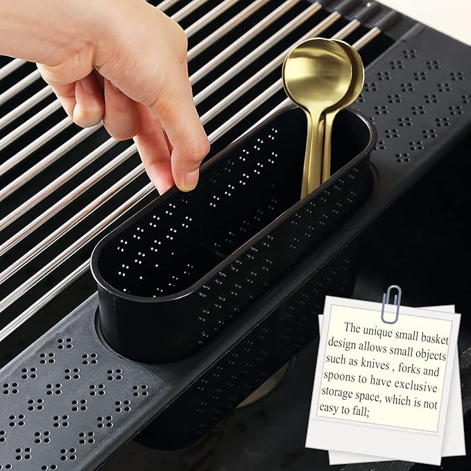 Berglander Dish Drying Rack Over The Sink, L17.5 by W 15" Rollable Stainless Steel Dish Rack with Removable Storage Basket, Perfect for Kitchen Sink