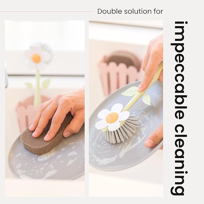 Vigar Florganic Kitchen Sink Caddy Organizer - Dish Sponge Holder with Flower Dish Brush, Suction Cup & Sponge for Kitchen Sink, Decorative Kitchen Sink Accessories Countertop Storage Set - Pink