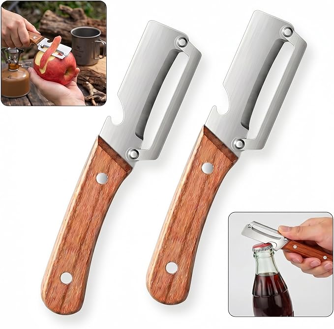2-in-1 Multifunctional Vegetable Peeler & Bottle Opener with Wooden Handle for Kitchen – Stainless Steel Hand Held Peeler for Fruit Pumpkin Papaya Potato Peeler – Kitchen Cooking Tool 2 Pcs