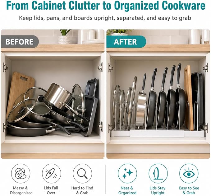Pot Rack:Expandable Pan Organizer for Cabinet,Pot Lid Holder with 6 Adjustable Compartment for Kitchen Cabinet Cookware Baking Frying Rack,Apricot