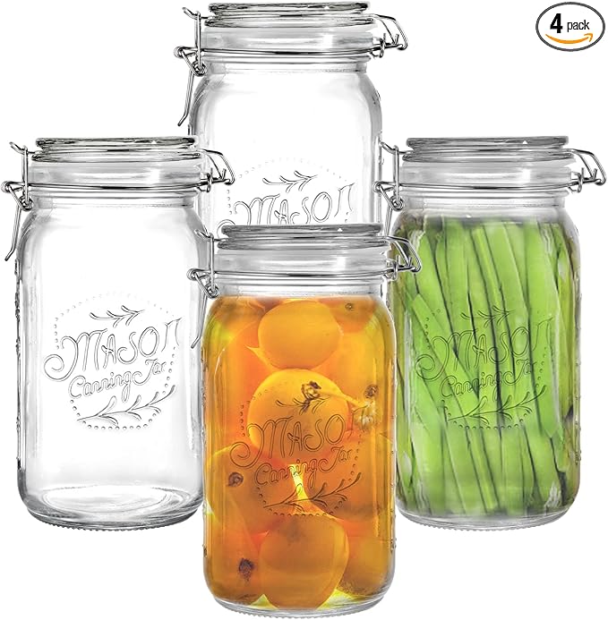 Tebery 4 Pack Clear Wide Mouth Glass Mason Jars with Airtight Clamp Lids, 32Oz Glass Storage Containers Large Kitchen Canisters for Food, Flour, Pasta, Coffee, Candy, Dog Treats, Snacks & More