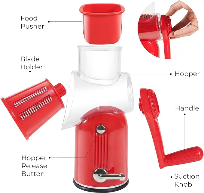 Rotary Cheese Grater Manual Hand Crank with 5 Blades & Suction Base, Kitchen Vegetable Shredder Slicer for Veggie, Nuts, Fruit, Red