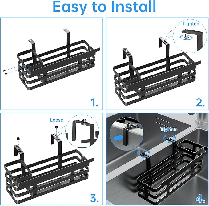NiHome Sponge Holder for Kitchen Sink, Over Sink Divider Caddy for Double Sinks, Multi-Compartment Storage Organizer for Sponge, Brush & Stopper, L-Shaped Hooks, Adjustable Fast Drainage