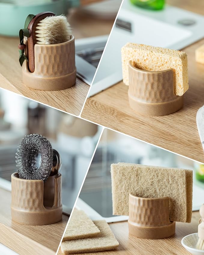 Zoeeker Sponge Holder for Kitchen Sink, Ceramic Sink Caddy Scrub Sponge Tray Dish Rack for Scrubbers, Kitchen Organizer, Brown