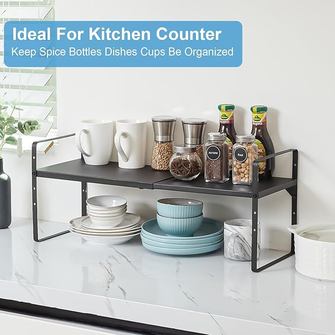 Set of 2 Expandable Cabinet Shelf Organizer, Stackable Kitchen Countertop Shelves Spice Racks, Small Metal Storage Shelf For Cupboard Counter Tabletop, 30 LBS Heavy Duty, Adjustable, 13.8" to 21.6"