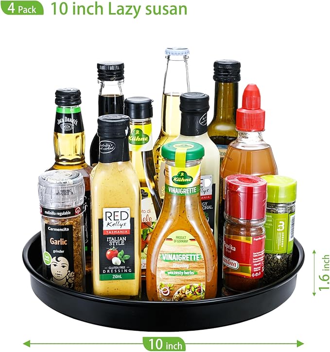Amolliar Lazy Susan Organizer, Non-Skid Metal Rotating Turntable for Cabinet, Kitchen, Fridge, Pantry Storage, Spice Rack Condiment, Tray for Household Purpose, Under Sink Organizer, 10" 4 Pack Black