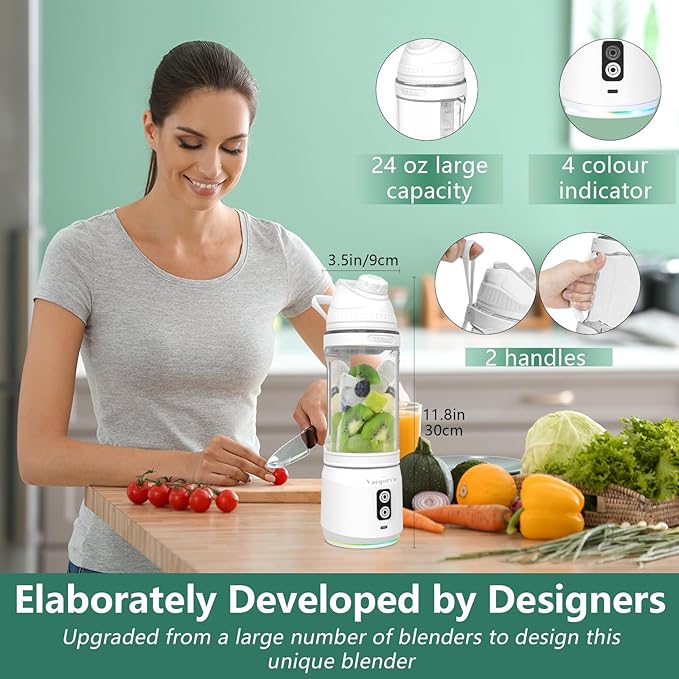 700ml Portable Blender,Personal Blender USB Rechargeable for Shakes and Smoothies,WHITE, 98x98x326mm