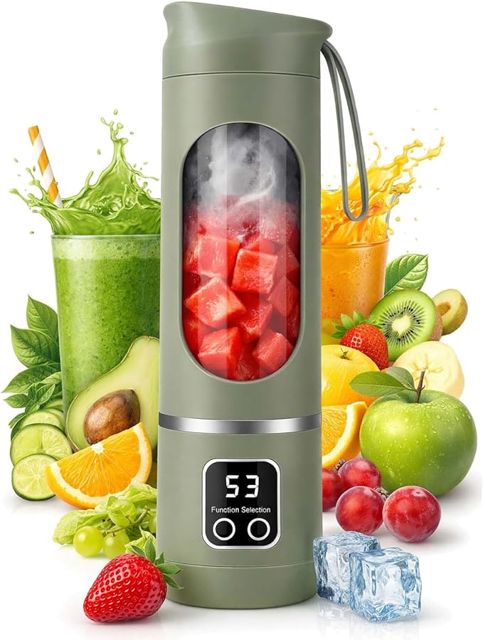 Portable 16oz Wireless Juicer, Portable Blender Personal Electric-Digital Multimode Smart LED Display, 3 Speed12-Blade Fresh Juice Bottle, USB Rechargeable for Shakes and Fruit Juice (Green)