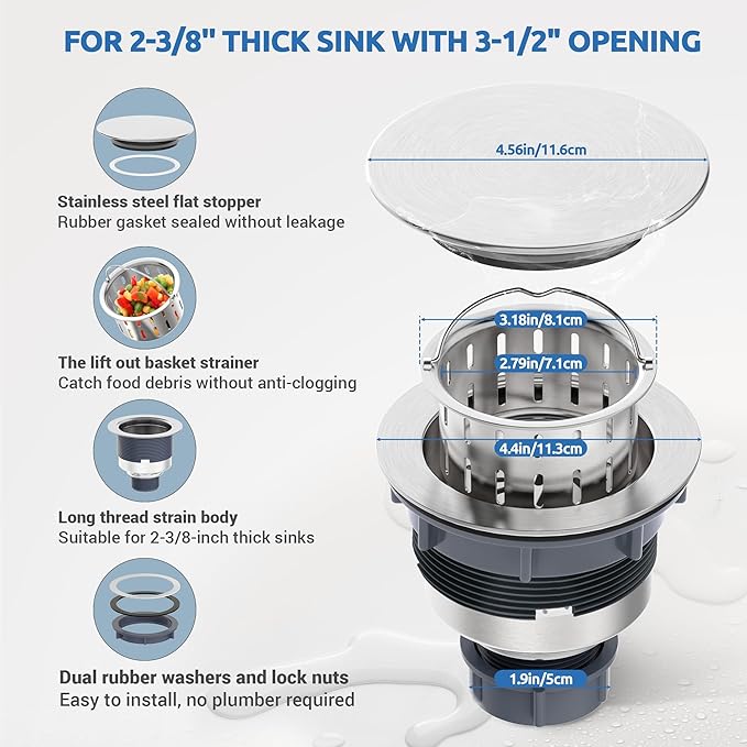 BOTEMY Kitchen Sink Drain Assembly with Removable Deep Basket Strainer, Anti-Clog Sink Drain Kit, Stainless Steel & ABS, Easy Clean Lift-Out Strainer, Fits Standard 3-1/2 Kitchen Sinks - Brushed