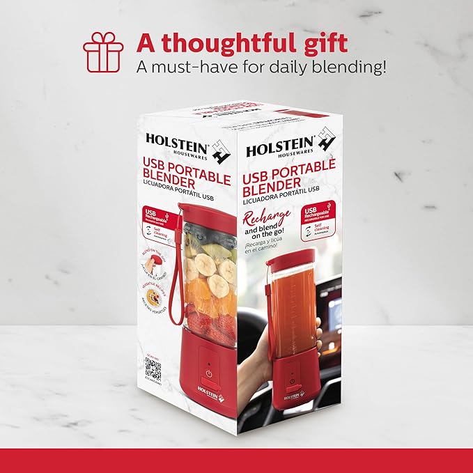 Holstein Housewares - USB Portable Blender, 16oz Personal Smoothie & Shake Maker with Rechargeable Battery, Type-C Fast Charging, Spill-Free Lid & Indicator Light - Red