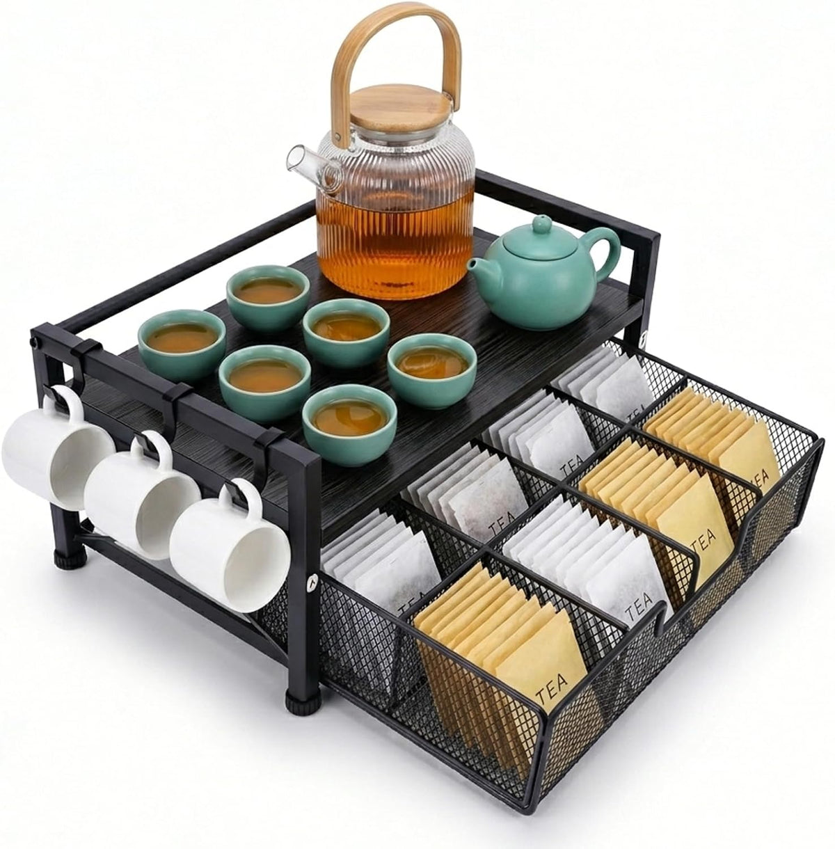 Tea Bag Organizer,Coffee Bar Organizer,Teabag Holder & Coffee Station with Storage Drawer,Wood Tea Station Chest Display Container Box for Countertop Kitchen (Grey)