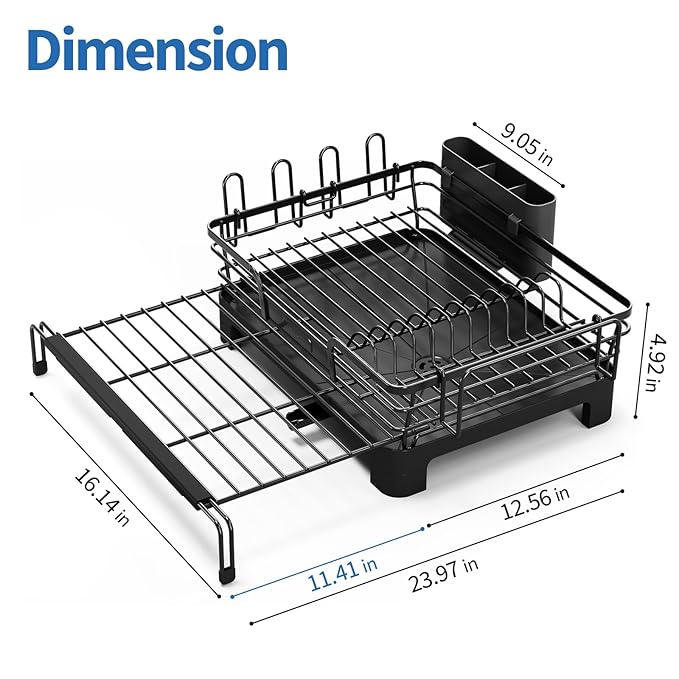 TOOLF Dish Drying Rack - Expandable Dish Rack, Large Capacity Dish Drainer for Kitchen Counter, Stainless Steel Dish Strainer with Cups Holder & Utensil Holder,Black