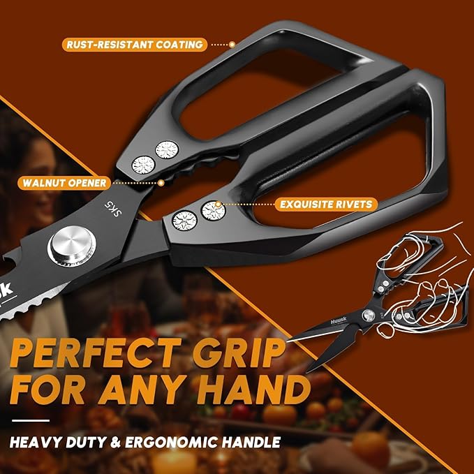 Huusk Kitchen Scissors for Food - Stainless Steel, Sharp Black Meat Scissors, Dishwasher Safe, Heavy Duty Poultry Shears, Japanese Cooking Scissor for Chicken, Turkey, and More