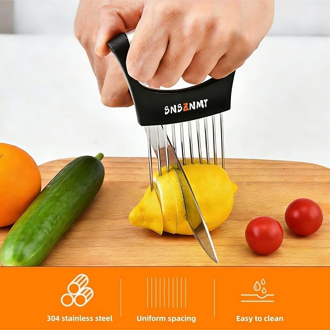 Onion Holder for Slicing, Upgrade Stainless Steel Onion Slicer Holder Lemon Slicer Vegetable Cutter, Assistant Tool for Slicing Fruit, Potato, Tomato and Meat (1 Pack)