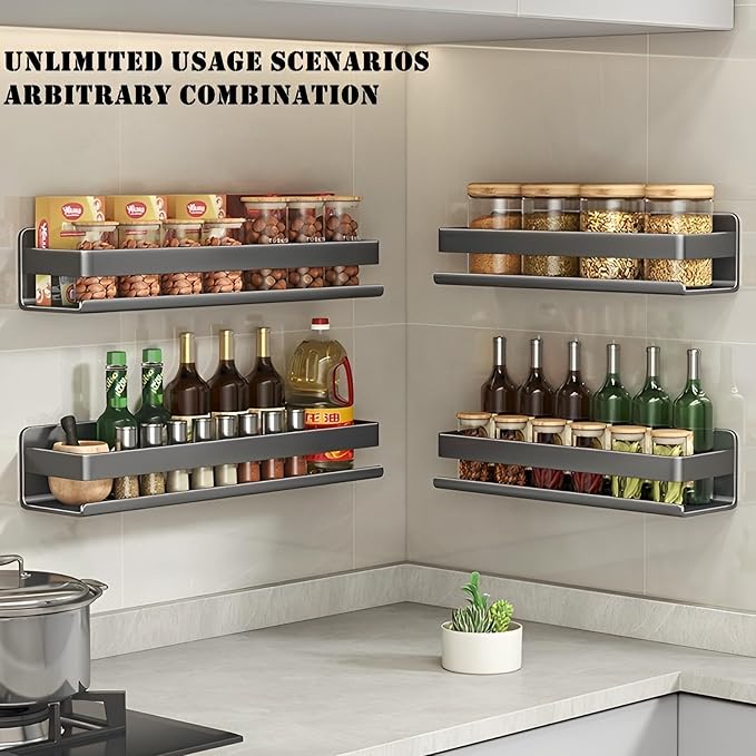 Stainless Steel Wall Mounted Floating Shelves, Drill-Free Adhesive or Screw In, Rustproof Bathroom Organizer & Kitchen Spice Storage Rack, Detachable Metal Display Shelf for Living Room, Gray