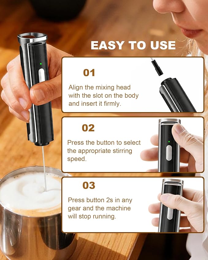 3-Speed Rechargeable Milk Frother Handheld with Stand & 3 Whisks, Dual Coil Whisk Coffee Frother Handheld - Electric Frother Wand for Coffee Matcha Cappuccino, Kitchen Gift Set, Black