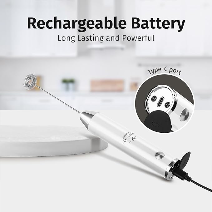 Zulay Kitchen Rechargeable Milk Frother Handheld - Frother Wand, Drink Mixer, Electric Whisk Frother, for Cappuccinos, Matcha & Protein Powder - Lux 4 Whisk 2 Speed Waterproof 2000mAh White