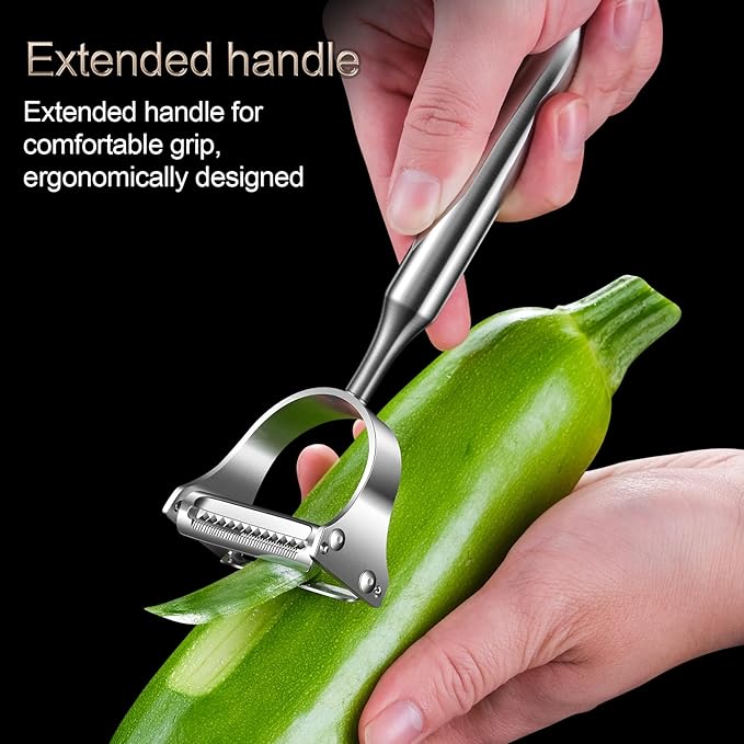Stainless Steel Vegetable Peeler, 2-in-1 Multi-Function Design,Various Fruits and Vegetables/Straight-edge blades for peeling/Serrated blades for Julienne/Silver (Upgraded Version)