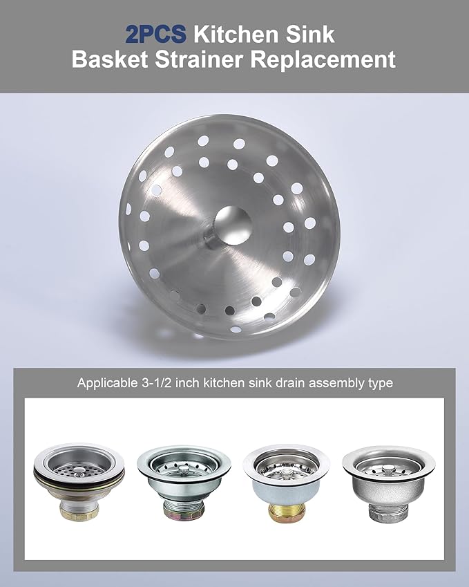 KONE 2PCS Kitchen Sink Basket Strainer Replacement for 3-1/2 Inch Standard Drains Brushed Stainless Steel Body Metal Center Knob with Rubber Stopper